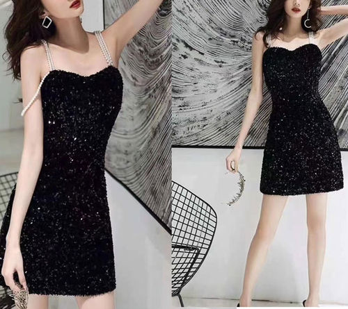 Pailletten Glamour Mini Kleid sexy glitzer Kleid schwarz Dress Perlen