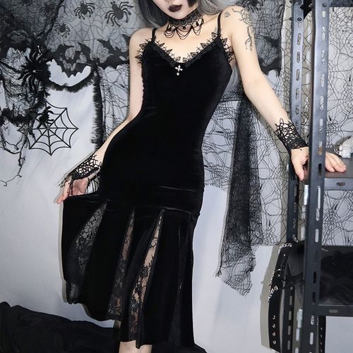 Samt Kleid Dark Vamp Dress Spitze Kreuz Gothik S - XXL